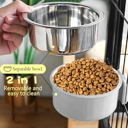Hamiledyi 2-Pack Hanging Dog Bowls with Removable Stainless Steel Feeder - Spill-Proof Crate Bowls for Kennel/Cage, Puppy to Medium Dogs, Cats, Rabbits & Guinea Pigs (Durable Pet Food & Water Dishes)