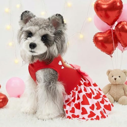 XPUDAC Valentine Dog Dress Heart Print Dog Dress for Small Dogs Girls Holiday Party Tulle Puppy Outfit Cat Apparel-XXS - Image 3