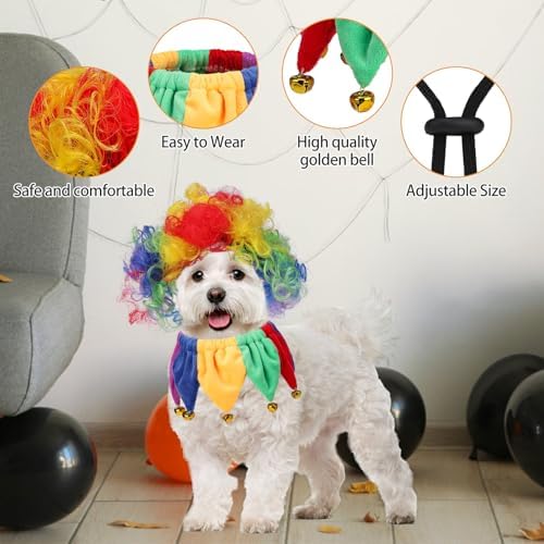KOOLTAIL Dog Wig Costume, Funny Pet Wig Clown Decorations Outfit with Bandana Bells for Small Medium Large Dogs Cats Unique Chirstmas Gift, Adjustable Fits Cosplay Dress up for Holiday Party Festival - Image 3