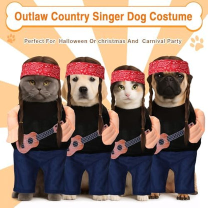Huhumy Halloween Country Singer Dog Costume Guitar Wig Bandana for Dog, S - Image 4