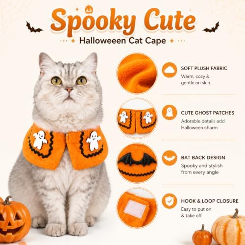 Ghost Halloween Dog Costume for Small Dogs & Cats, Soft Plush Halloween Pet Cape, Cute Cat Halloween Costume & Cat Clothes for Holiday Parties, Trick or Treat, Cosplay, Orange, Large - Image 2
