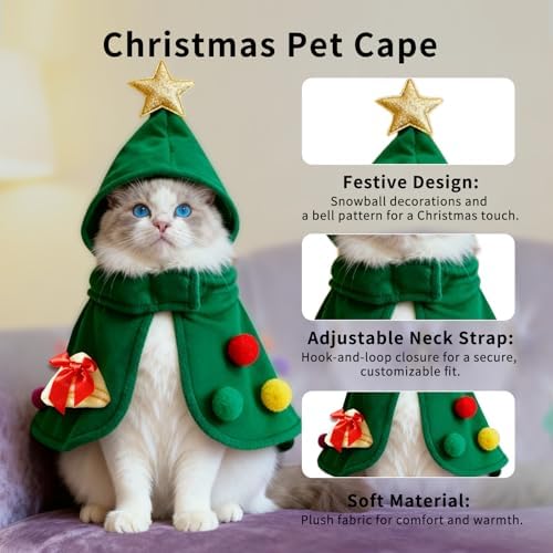 Dog Christmas Costumes Pet Cape with Hood, Cute Pet Costumes for Cats Dogs, Fluffy Dog Costume Cat Clothes for Holiday Party and Photos,（Green/L） - Image 2