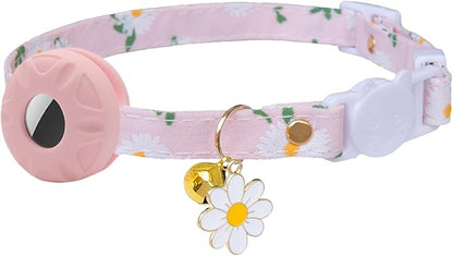 Breakaway Cat Collar with Airtag Holder,Kitten Collar with Apple Air Tag Holder and Bell for Girl Boy Cats, 0.4 Inches in Width and Lightweight. (Pink Daisy)