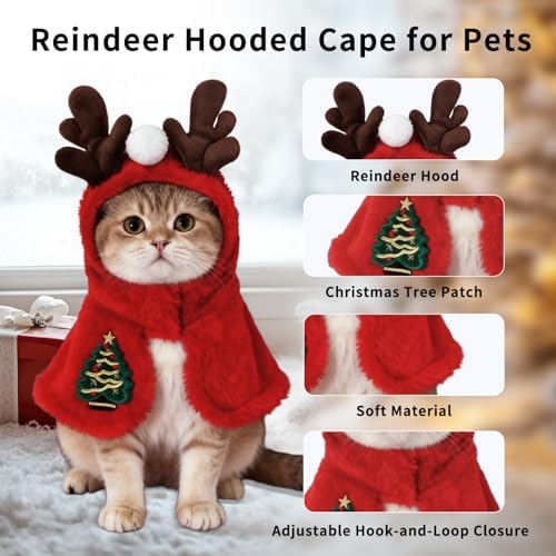 Dog Christmas Costumes Reindeer Hooded Cape, Cute Pet Costumes for Cats Dogs, Soft Fluffy Dog Costume Cat Clothes for Holiday Party and Photos, (Red/L) - Image 3
