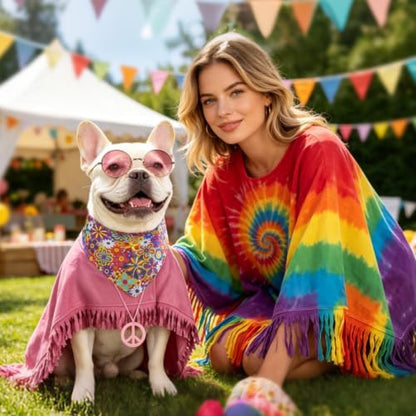 SCENEREAL 4 Pcs Hippie Dog Halloween Costume, Poncho Sunglasses Bandana - Image 2