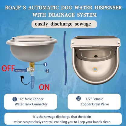 Automatic Dog Water Dispenser with Drain Hole & Drain Valve, Stainless Steel Auto Dog Water Bowl with 2 Float Valves, Hose Quick Connect Fitting, for Livestock, Chicken, Horse (1 Gallon)