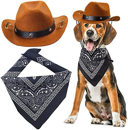 Yewong Pet Cowboy Costume Accessories - Dog Cat Pet Size Cowboy Hat and Bandana Scarf West Accessories for Puppy Kitten Party Festival and Daily Wearing Set of (Coffee Hat+Black Bandana) by Yewong