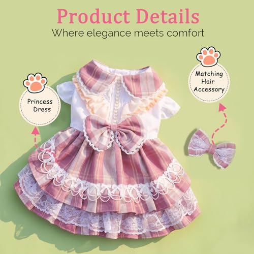 Plaid Princess Dog Dress, Multi Layered Skirt Lace Trim Design Dog Outfit, Girl Dog Clothes with Large Bow & Bow Hair Accessory for Birthday, Wedding, Party, Photoshoot (XL) - Image 5