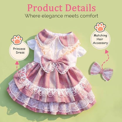 Plaid Princess Dog Dress, Multi Layered Skirt Lace Trim Design Dog Outfit, Girl Dog Clothes with Large Bow & Bow Hair Accessory for Birthday, Wedding, Party, Photoshoot (M) - Image 5