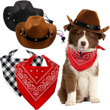Eorbow 4 Pack Pet Cowboy Costume Accessories Set, 2 Pcs Cowboy Hat and 2 Pcs Bandana Scarf, Puppy Kitten Halloween Christmas Costume, West Cowboy Accessories Party Cosplay Wearing for Cats Small Dogs by Eorbow