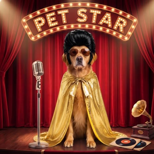 Mepase Halloween Large Dog Retro Rock Star Costume Set with Cape, Wig - Image 2
