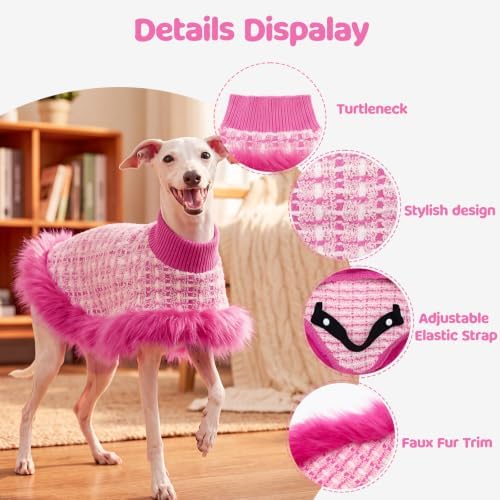 Pink Dog Sweater Cloak, Pearl Cotton Bouclé Yarn Puppy Sweater, Cold Weather Coat Knitwear for Small Dogs, Classic Turtleneck Thick Dog Clothes with Thick Fluff DS-DP07S - Image 3