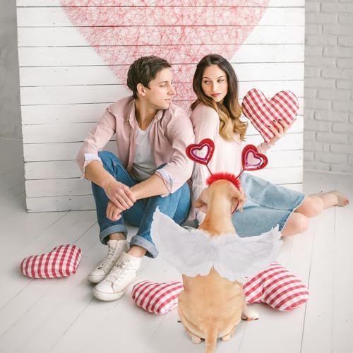 SCENEREAL Dog Valentine's Day Outfit, White Feather Wing & Heart Headband & Bandana Set, Red Puppy Kitty Party Supplies for Small Medium Dogs Cats, Pet Costumes - Image 2