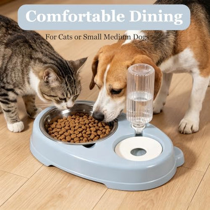Double Dog Bowls, Cat Food & Water Bowl Set with Water Dispenser