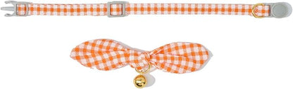 Bowtie Cat Collar with Bell 2 Pack Cotton Breakaway Kitten Collars with Removeable Bunny Ear Stylish Cat Collars(Floral Orange & Plaid)
