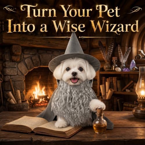 3 Pcs Halloween Pet Wizard Costume for Small Dogs Cats Kitten Puppy Cosplay Outfit Gray Polyester Halloween Party(M) - Image 3