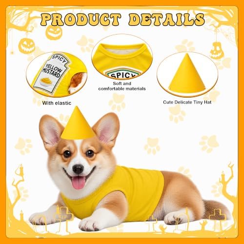 2 Pcs Halloween Dog Costume Set 3XL Yellow Mustard Themed Pet Outfit with Matching Cone Hat Sleeveless Printed Tank Top for Medium Dogs Holiday Party Dress Up - Image 3