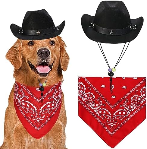 GOYOSWA Dog Halloween Costumes, Dog Cowboy Costume Halloween Pet Cowboy Hat Bandana Scarf for Small Medium Large Dogs Pets (Black Hat & Red Bandana, Large) by GOYOSWA