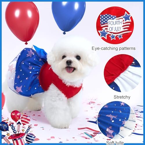 XPUDAC 4th of July Tulle Dog Dress Patriotic Clothes Doggie Outfit with Bow Independence Stars Skirt Pet Holiday Apparel for Small Dog Girl Cat, M - Image 3