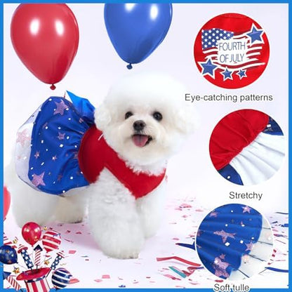XPUDAC 4th of July Tulle Dog Dress Patriotic Clothes Doggie Outfit with Bow Independence Stars Skirt Pet Holiday Apparel for Small Dog Girl Cat, XS - Image 3