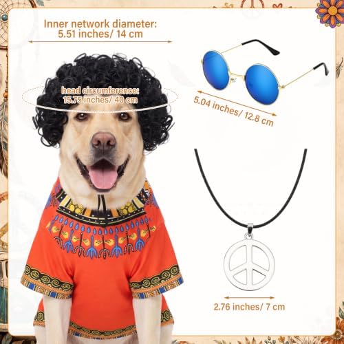 Kinlop 4 Pcs Hippie Dog Costume Halloween Pet Costume Accessories Includes 60s 70s African Dashiki T-Shirt Afro Wig Peace Sign Necklace and Sunglasses for Party Dress Up(XL) - Image 3