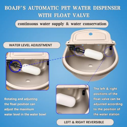 Automatic Dog Water Dispenser, Outdoor Chicken Waterer with Drain Valve, Easy Cleaning, Stainless Steel Auto Livestock Water Bowl with Float Valve, Self Drinking Trough for Horse (1 Gallon)