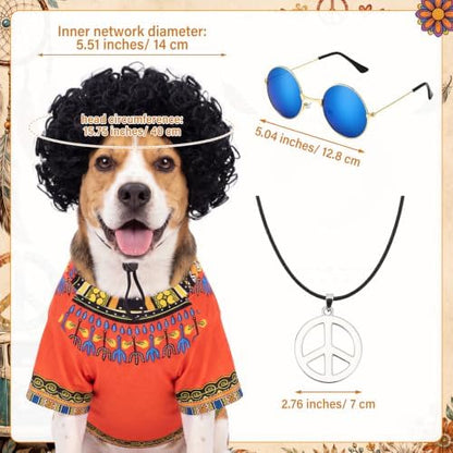 Kinlop 4 Pcs Hippie Dog Costume Halloween Pet Costume Accessories Includes 60s 70s African Dashiki T-Shirt Afro Wig Peace Sign Necklace and Sunglasses for Party Dress Up(L) - Image 3