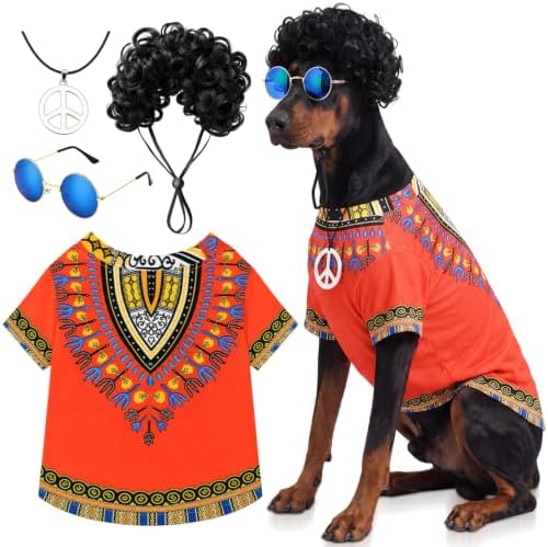 Kinlop 4 Pcs Hippie Dog Costume Halloween Pet Costume Accessories Includes 60s 70s African Dashiki T-Shirt Afro Wig Peace Sign Necklace and Sunglasses for Party Dress Up(XXL) by Kinlop