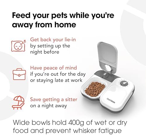 Cat Mate 2-Meal Automatic Feeder, 400g Per Bowl, Wet & Dry Food, White