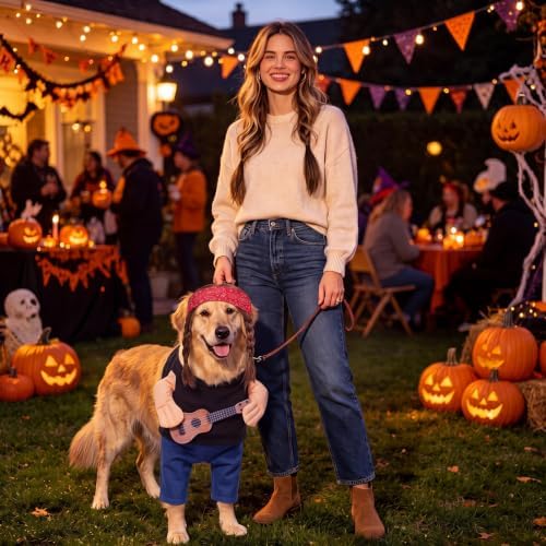 Huhumy Halloween Country Singer Dog Costume Guitar Wig Bandana for Dog, XXL - Image 4