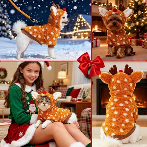 Christmas Dog Sweater with Hood Elk Costume Hoodie Soft Fleece Winter Warm Puppy Clothes for Small Dogs XS-XXL, Christmas Outfit for Cats & Dogs(Brown,Reindeer,X-Large) - Image 4