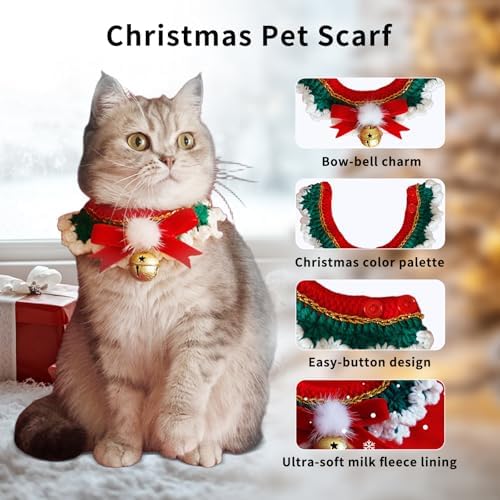 Dog Christmas Costumes Pet Scarf with Bell and Bow, Cute Cat Christmas Collar Neck Warmer, Soft Plush Pet Costume Cat Clothes for Holiday Party, Small Dog Accessories for Winter Photos, M - Image 2