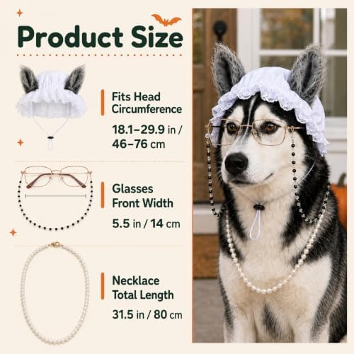 3 Pcs Dog Wolf Costume, Mop Cap Pearl Necklace Granny Glasses - Image 2
