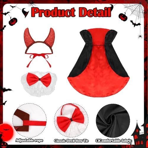 3pcs Dog Vampire Devil Costume, Dracula Dog Costume with Cape Headband Bow Tie for Small Medium Pets Halloween Party - Image 3