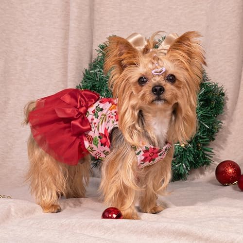 Fitwarm Christmas Flowers Dog Tutu Dress, Elegant Winter Clothes for Small Dogs Girl, Holiday Pet Outfit, Red, Pink, Medium - Image 4
