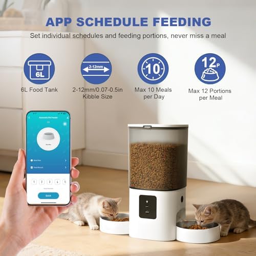 ANDOLL HOME Automatic Cat Feeder for 2 Cats, 2.4G/5G WiFi Cat Food Dispenser with 10s Voice Recorder, 6L Automatic Pet Feeder up to 10 Meals per Day, Timed Feeder with Dry Food Sealed Ring