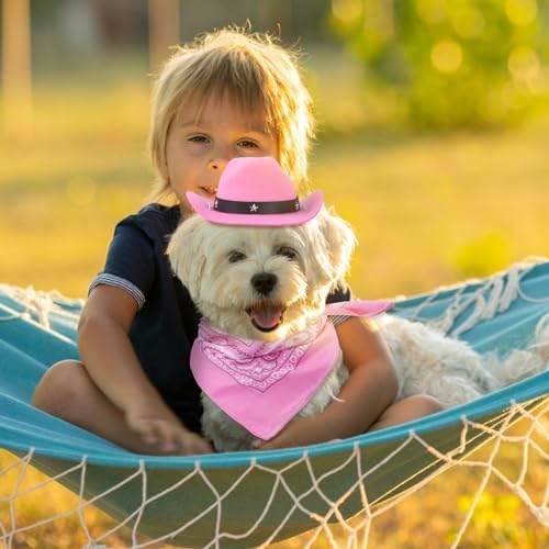 Yewong Pet Cowboy Costume Accessories Dog Cat Pet Size Cowboy Hat and Bandana Scarf West Cowboy Accessories for Puppy Kitten Party Festival and Daily Wearing Set of 2 (Pink) - Image 6