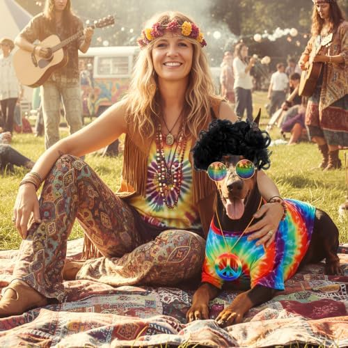 Kinlop 4 Pcs Hippie Dog Costume Halloween Pet Costume Accessories Includes 60s 70s Colorful Tie Dye T-Shirt Funky Wig Peace Sign Necklace and Sunglasses for Party Dress Up(XXL) - Image 2