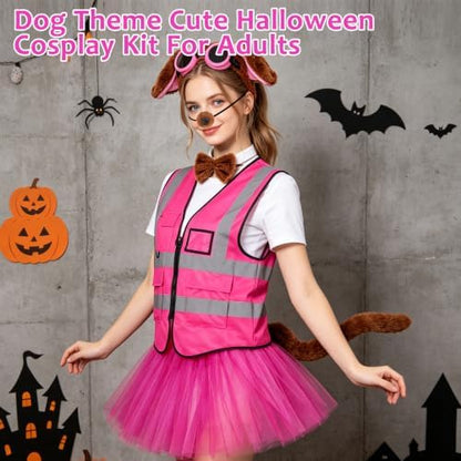 Halloween Dog Costume Set 7 Pcs, Pink Puppy Theme Cosplay for Women - Image 5