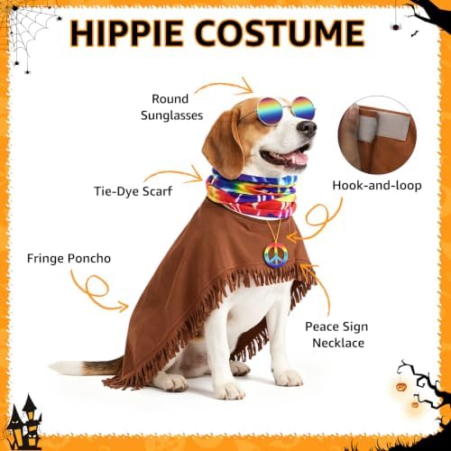 SCENEREAL 4 Pcs Hippie Dog Halloween Costume, Poncho Sunglasses Scarf - Image 4