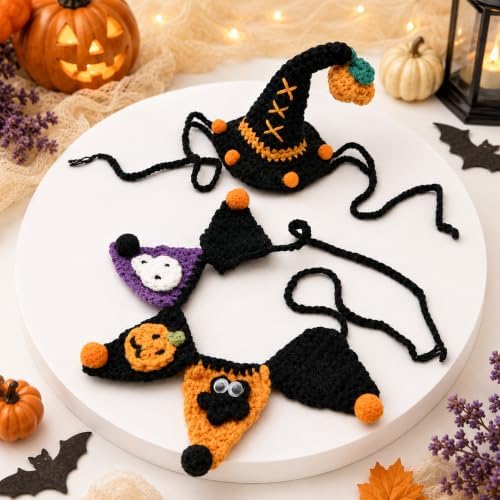 Hand-Knit Pet Costume Hat & Bib Cats Dogs Festive Apparel (Witch) - Image 4