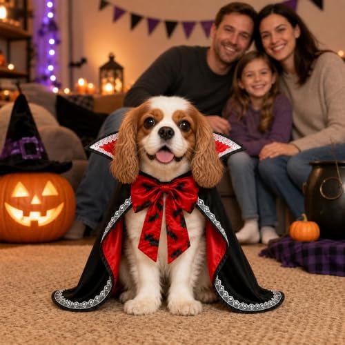 Halloween Dog & Cat Vampire Cape Costume, Satin-Look Pet Vampire Cloak with Bat Bow Tie and Stand-Up Collar, Adjustable Costume for Small, Medium, Large Dogs and Cats - Image 5