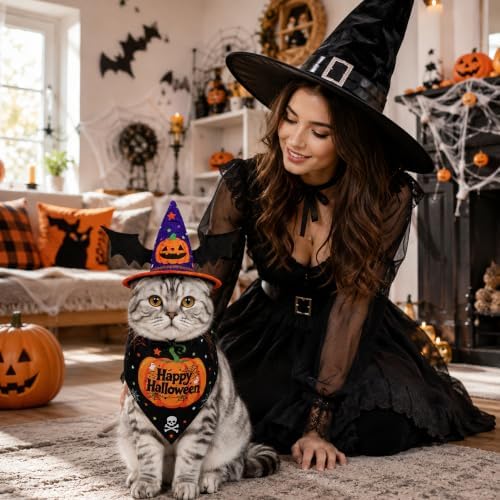 2 Pcs Halloween Pet Hat Bandana Set, Witch Pumpkin Costumes for Cats - Image 6
