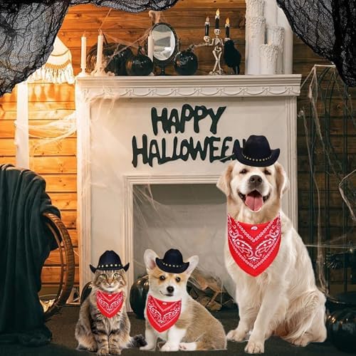 Dog Cowboy Costume, Dog Halloween Costumes Halloween Pet Dogs Cowboy Hat with Bandana Scarf for Small Medium Large Dogs Pets (Black, Large) - Image 6