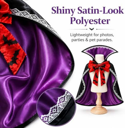 Halloween Dog & Cat Vampire Cape Costume, Satin-Look Pet Vampire Cloak with Bat Bow Tie and Stand-Up Collar, Adjustable Costume for Small, Medium, Large Dogs and Cats - Image 3