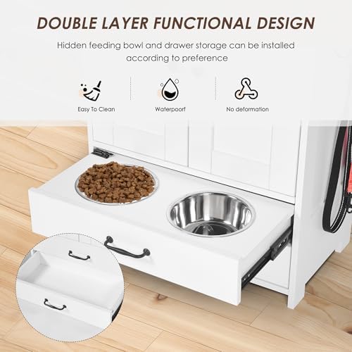 Dog Feeding Station,Double Door Locker with 2 Adjustable Bowls,Pet Food Storage Pet Feeder Cabinet Container with Dog Raised Bowls and Hanger for Feeding & Watering Supplies (White)