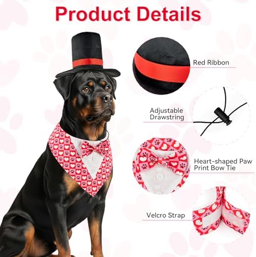 Valentine’s Day Heart Pattern Dog Adjustable Tuxedo Pet Paw Pattern Puppy Collar with Black Top Hat Love-Themed Pet Costume Set for Cats Puppy Dog L - Image 3
