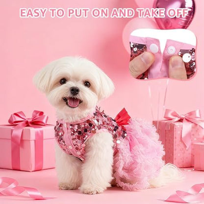 SCENEREAL Pink Dog Dress Princess Costume, Sparkly Tutu Dresses Bowknot Vest Funny Pet Halloween Costumes, Puppy Queen Outfit Christmas Birthday Clothes for Small Medium Girl Dogs Large Big Cats M - Image 2