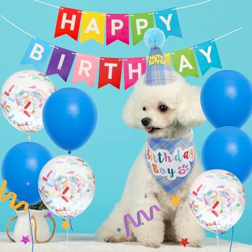 SCENEREAL Dog Birthday Bandana Hat Set, Puppy Birthday Party Supplies for Boys Dogs, Pet Birthday Scarf Outfit with Sign Banner and Balloons for Small Medium Large Dogs - Image 2