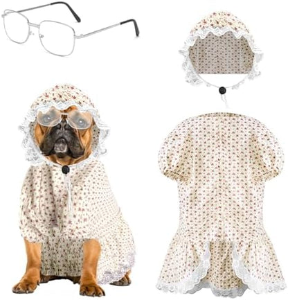 3 Pcs Old Lady Costume for Dog Grandmas Dogs Costume Include Halloween Dogs Costumes and Hat Funny Retro Sunglasses for Halloween Dog Party Cosplay (XL) by Unknown